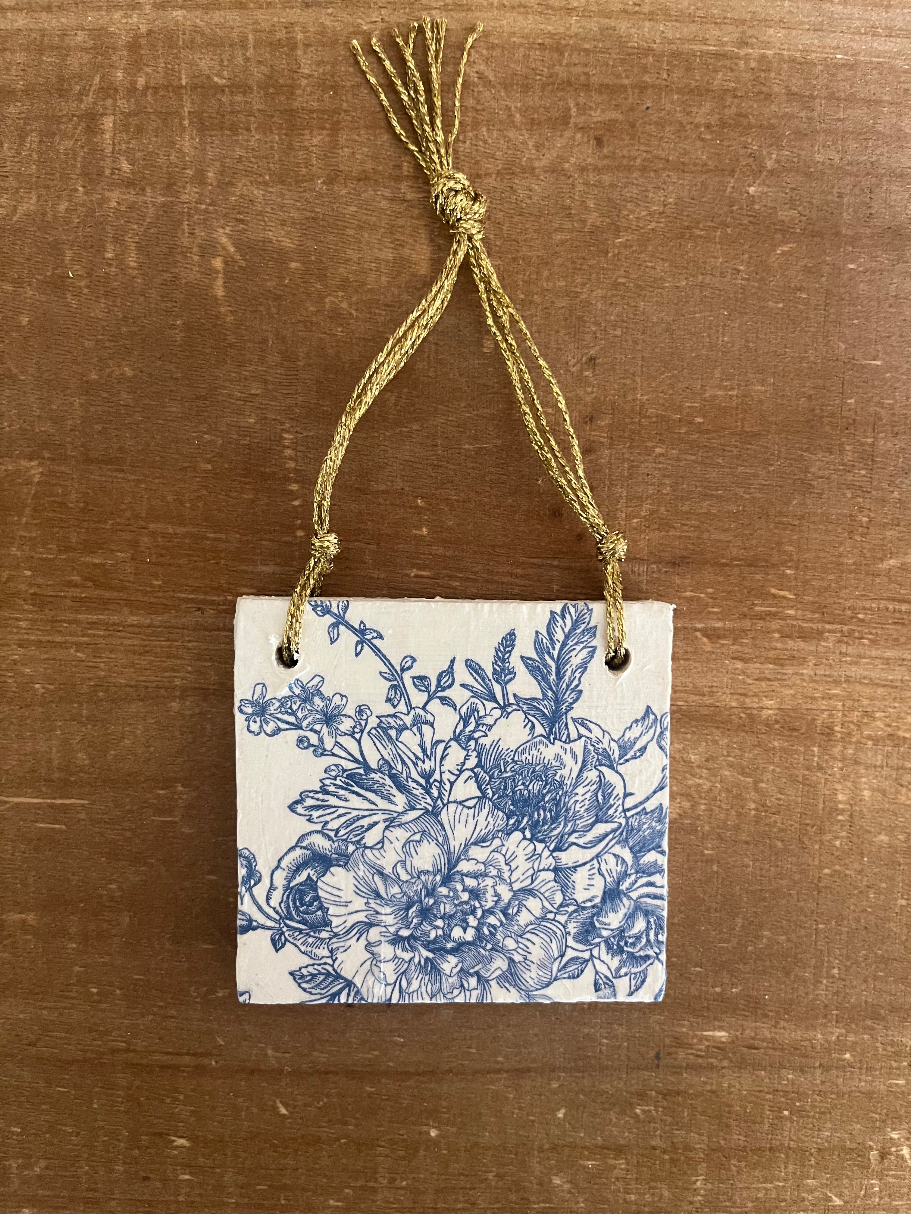 Blue Floral + Butterfly Ornament-Double Sided