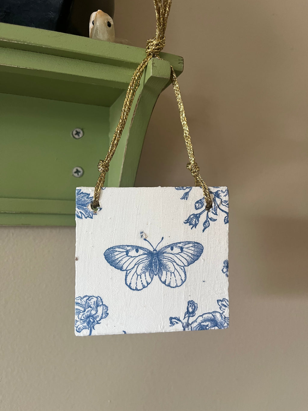 Blue Floral + Butterfly Ornament-Double Sided