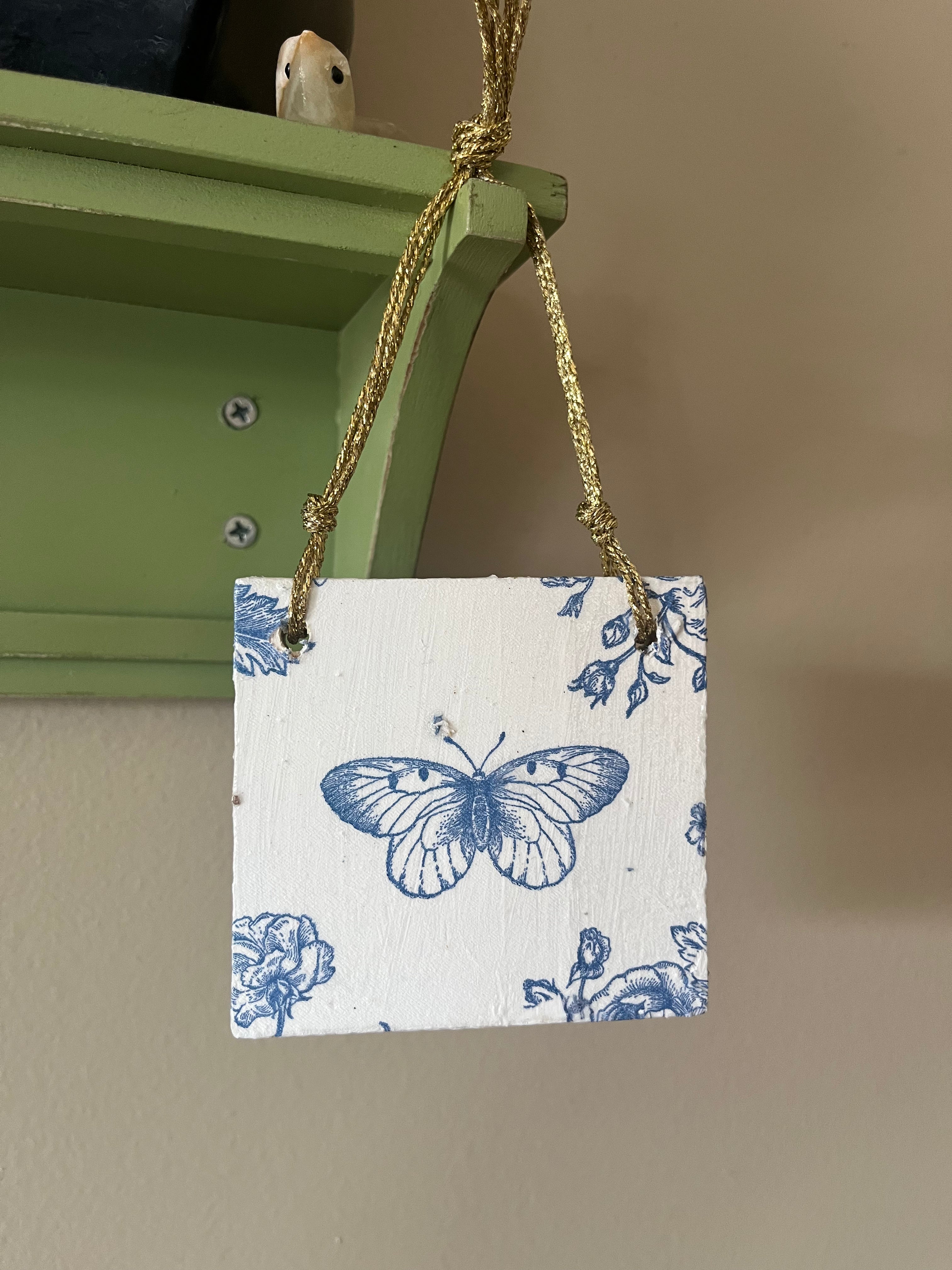 Blue Floral + Butterfly Ornament-Double Sided