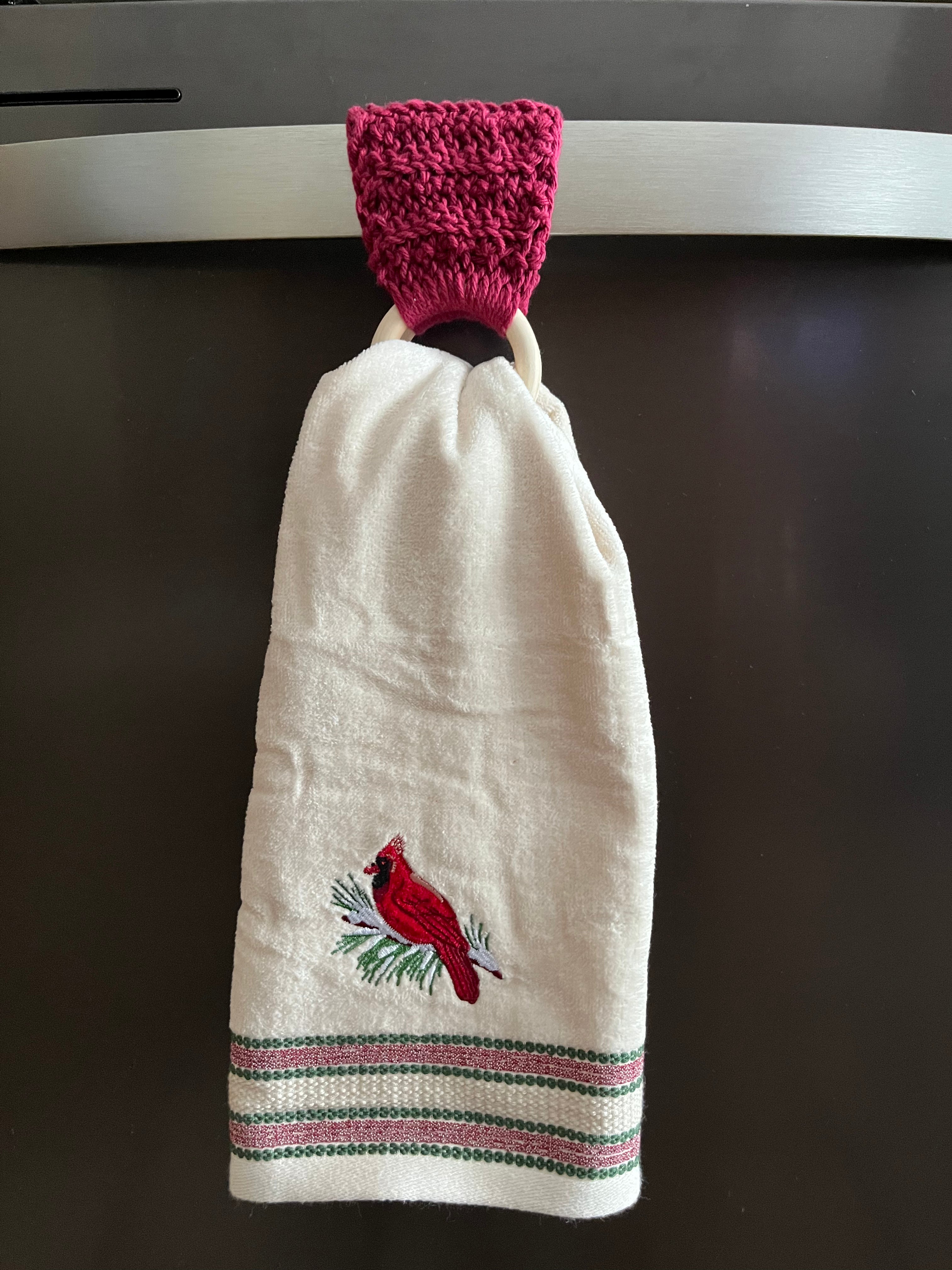 Crocheted Wooden Towel Holder and Cardinal Towel Set
