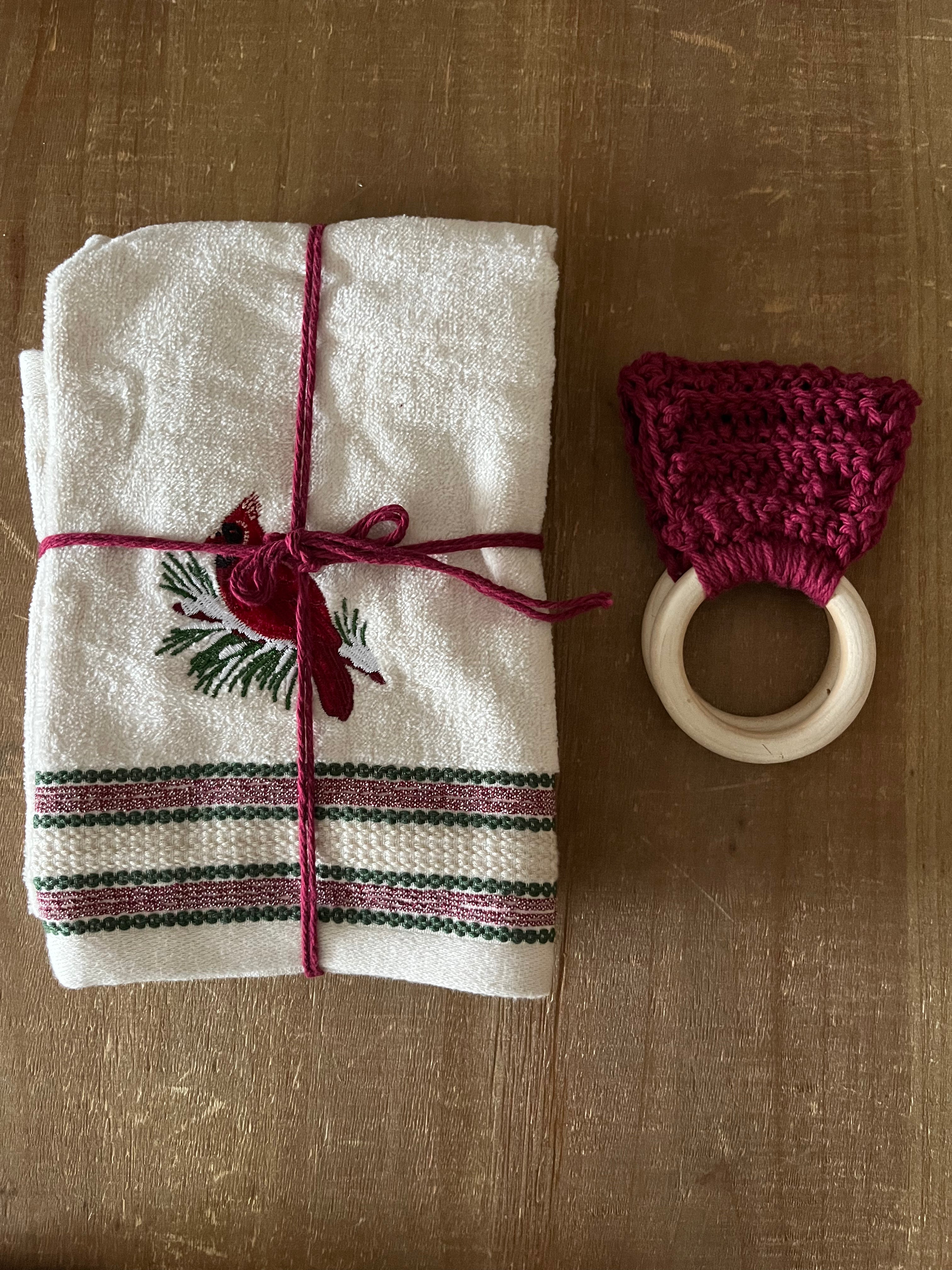 Crocheted Wooden Towel Holder and Cardinal Towel Set