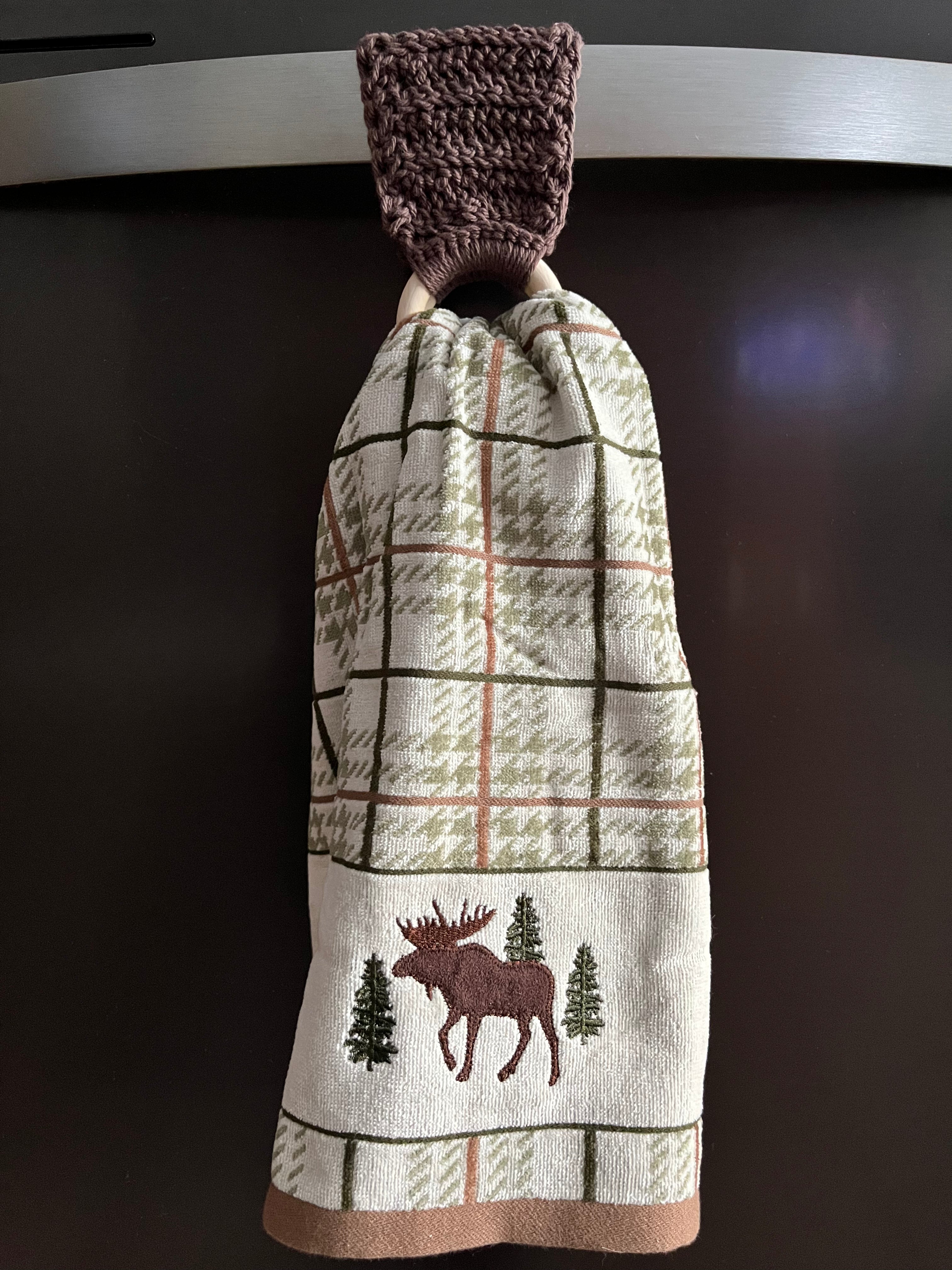 Crocheted Wood Towel Holder and Moose Hand Towel Set