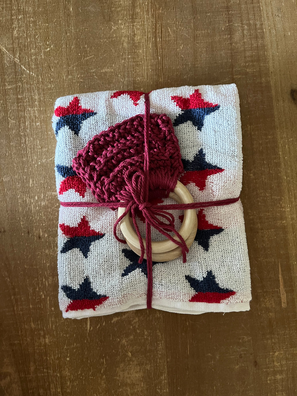 Crocheted Wood Towel Holder and Red White and Blue Stars Towel Set