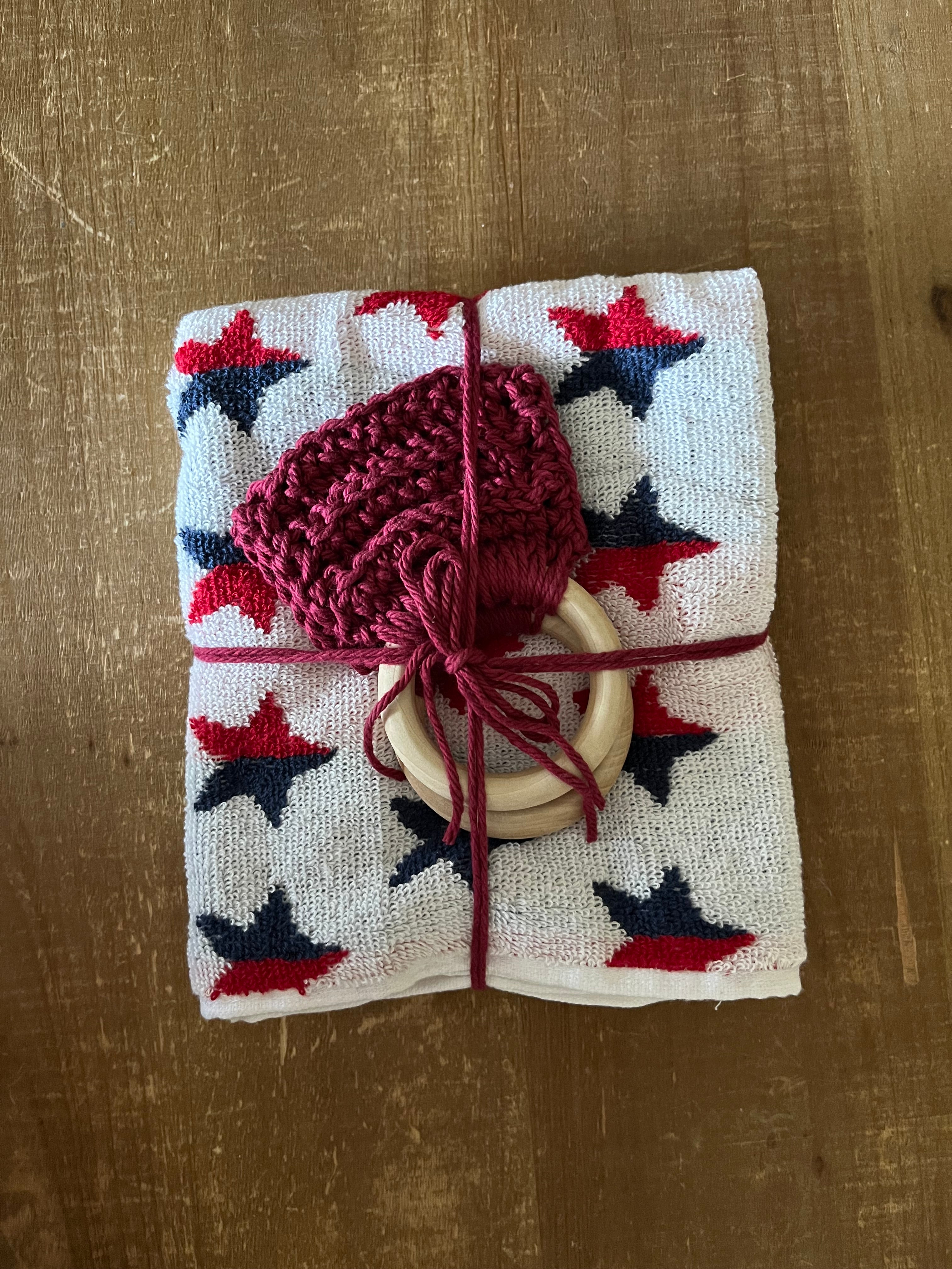 Crocheted Wood Towel Holder and Red White and Blue Stars Towel Set