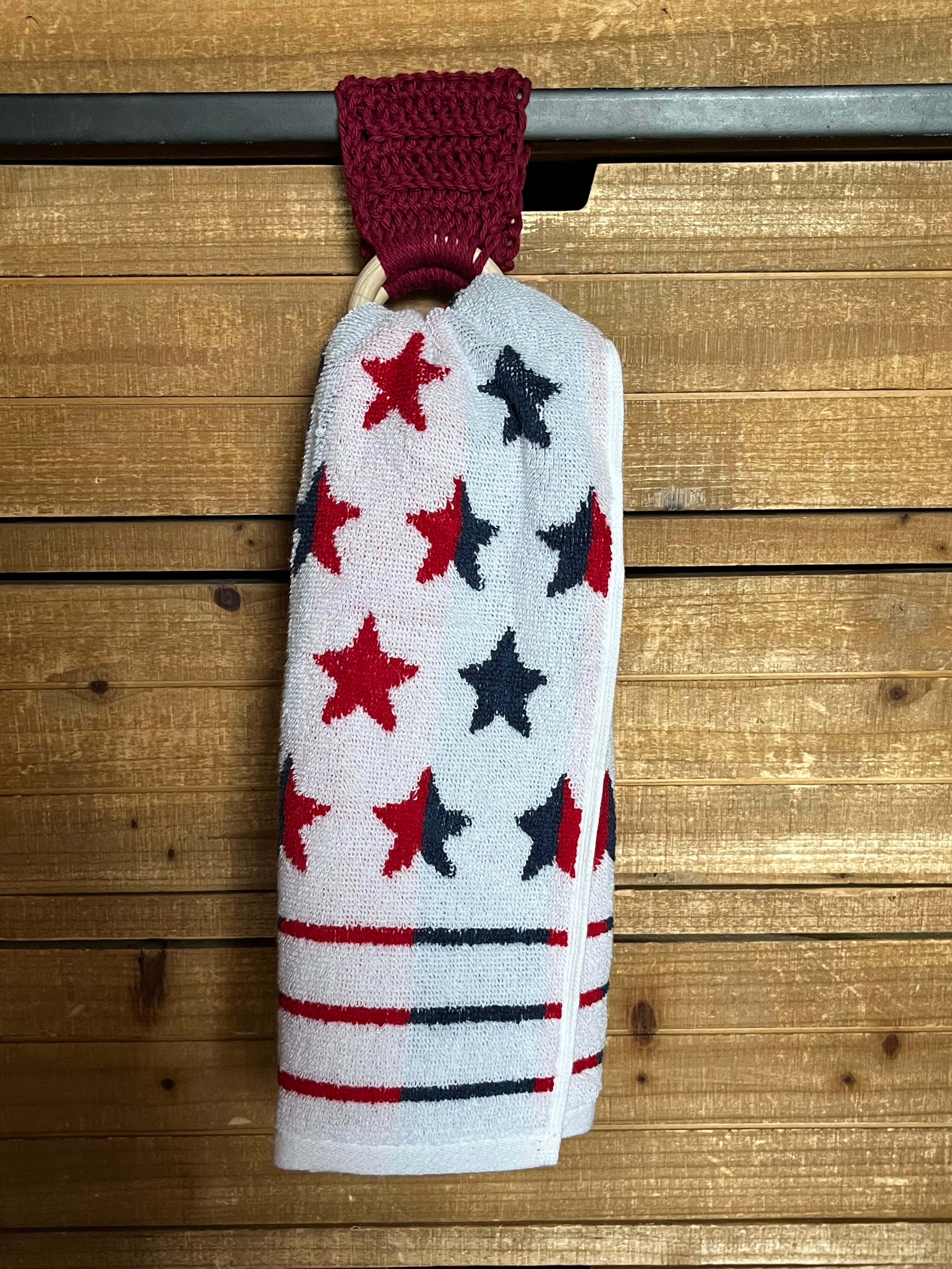 Crocheted Wood Towel Holder and Red White and Blue Stars Towel Set